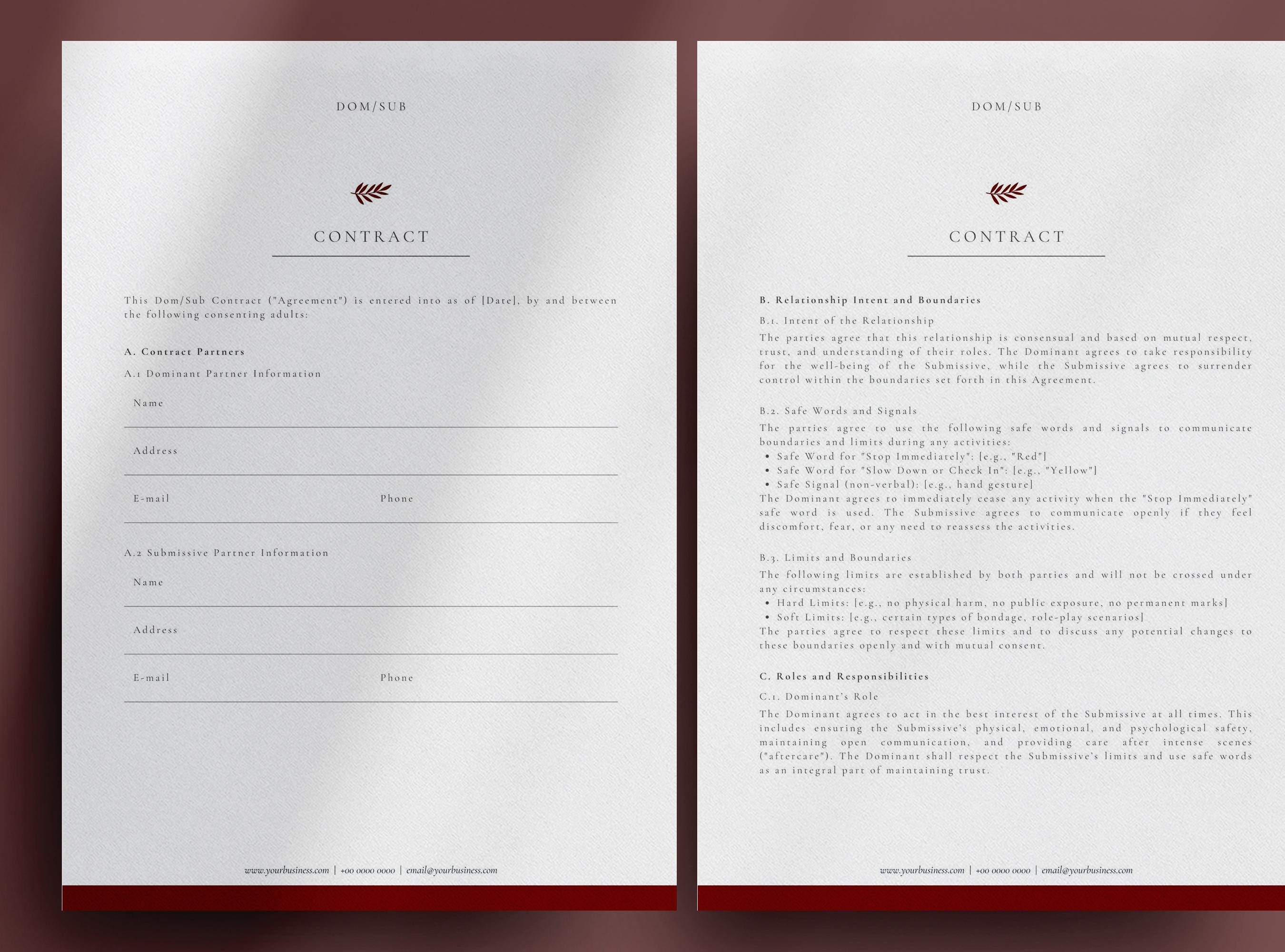Dom/sub Relationship Contract Template Editable BDSM Agreement for D/S