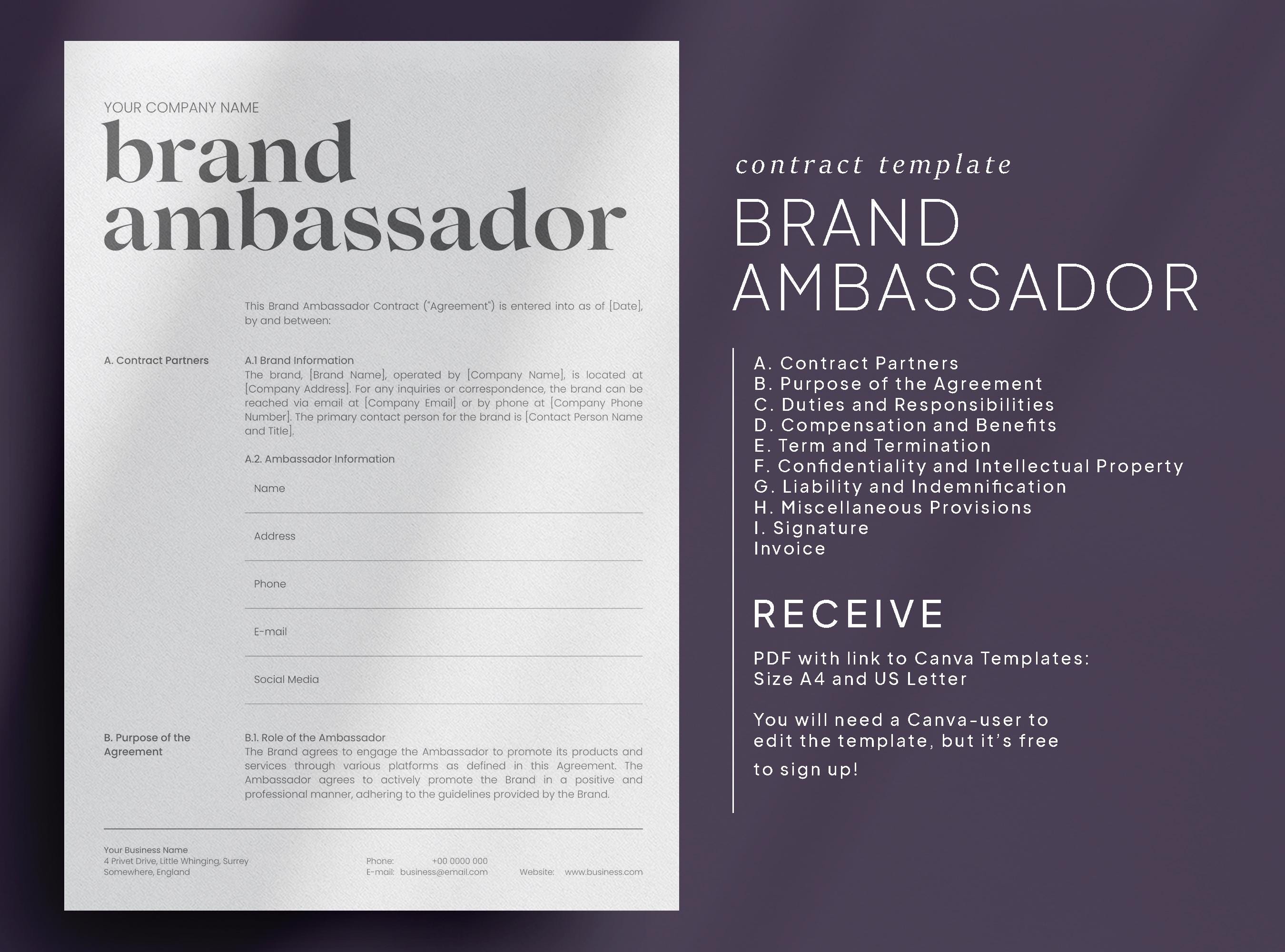 Brand Ambassador Contract Template: Editable Social Media Influencer ...