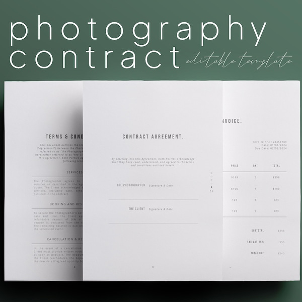 Photography Client Contract Template, Photography Forms, Client Agreement, Contract for Photographers Editable Canva Template