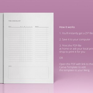 May include: A printable checklist template with sections for daily, weekly, and notes. The template is designed to help you stay organized and on track with your tasks.