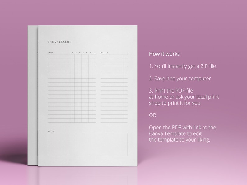 May include: A printable checklist template with sections for daily, weekly, and notes. The template is designed to help you stay organized and on track with your tasks.