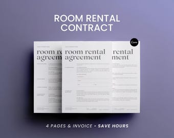 May include: A stack of three white paper documents with the text "ROOM RENTAL CONTRACT" at the top. The documents have the words "room rental agreement" and "rental agreement" printed on them. The bottom of the image reads "4 PAGES & INVOICE • SAVE HOURS".