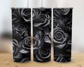3D Black Roses 20 oz Skinny Tumbler Sublimation Design, Straight And Tapered Tumbler Wrap, Tumbler Design, Instant Digital Download PNG
