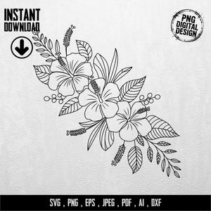 Hibiscus Flower SVG, Floral Clipart, Botanical Illustration, Digital Files for Cricut, Silhouette, Svg, Png, Jpg, Eps, Dxf, Pdf