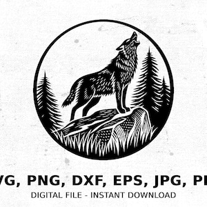 Howling Wolf Digital Art, Nature Scene Svg, Png, Eps, Dxf, Jpg Files, Cricut Ready, Wolf Silhouette, Wildlife Vector Clipart