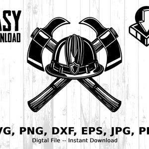 Puede incluir: Gráfico en blanco y negro de un casco de bombero y hachas cruzadas. La imagen incluye el texto "EASY DOWNLOAD" y opciones de tipo de archivo: SVG, PNG, DXF, EPS, JPG, PDF.