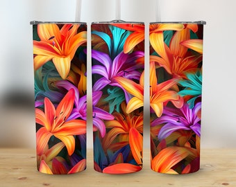 3D Lily Flowers 20 oz Skinny Tumbler Sublimation Design, Rechte en taps toelopende Tumbler Wrap, Tumbler Design, Instant Digital Download PNG