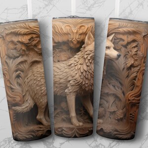 3D Wood Carved Wolf 20 oz Skinny Tumbler Sublimation Design, Straight And Tapered Tumbler Wrap Design, Instant Digital Download PNG