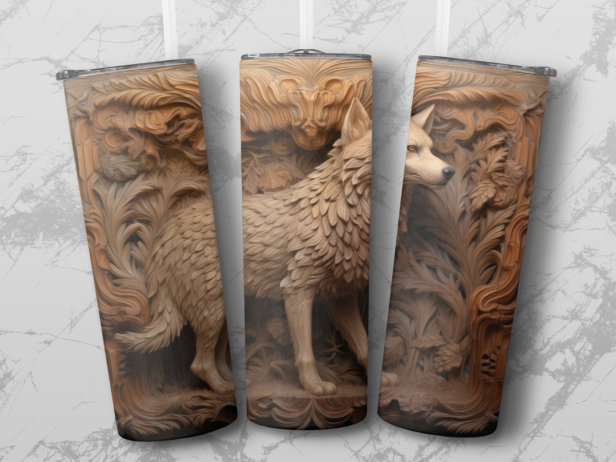 3D Wood Carved Wolf 20 Oz Skinny Tumbler Sublimation Design, Straight ...