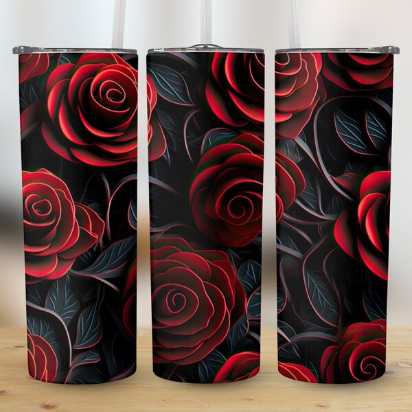 3D Red Black Roses 20 oz Skinny Tumbler Sublimation Design, Straight And Tapered Tumbler Wrap, Tumbler Design, Instant Digital Download PNG