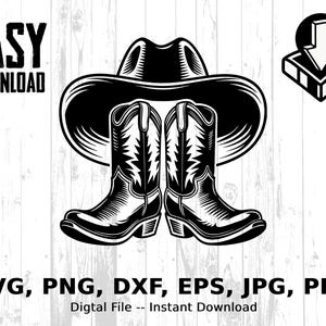 Chapéu de Botas de Cowboy Digital Svg, Botas de Cowboy PNG, Rodeio EPS, Dxf, JPG, Arquivos de Corte Cricut, Clipart Vetorizado Country, Download Instantâneo