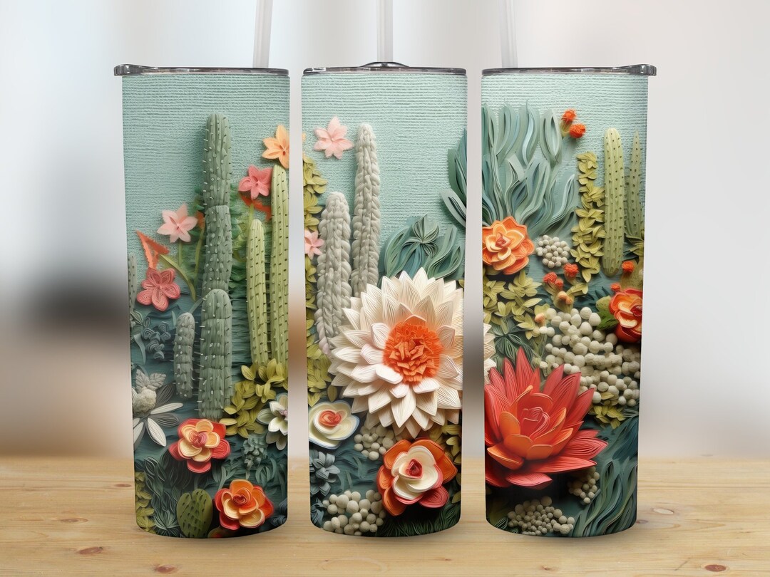 Embroidered 3D Cactus Flowers 20 Oz Skinny Tumbler Sublimation Design ...