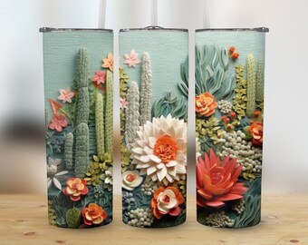 Embroidered 3D Cactus Flowers 20 oz Skinny Tumbler Sublimation Design, Straight And Tapered Tumbler Wrap Design, Digital Download PNG