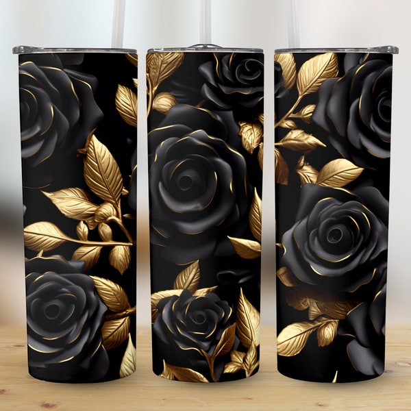 3D Black Gold Roses 20 oz Skinny Tumbler Sublimation Design, Straight And Tapered Tumbler Wrap, Tumbler Design, Instant Digital Download PNG