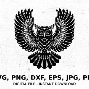 Owl SVG, Flying Owl PNG, Eps, Dxf, Jpg, Cricut, Owl Clipart, Black and White Owl, Owl Vector, Digital Download, Printable Art