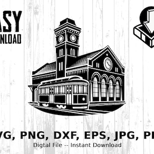 Train Station Digital, Trolley Car Svg, Vintage Depot Png, Old Style Eps, Dxf, Jpg, Cricut Ready Files, Vector Illustration