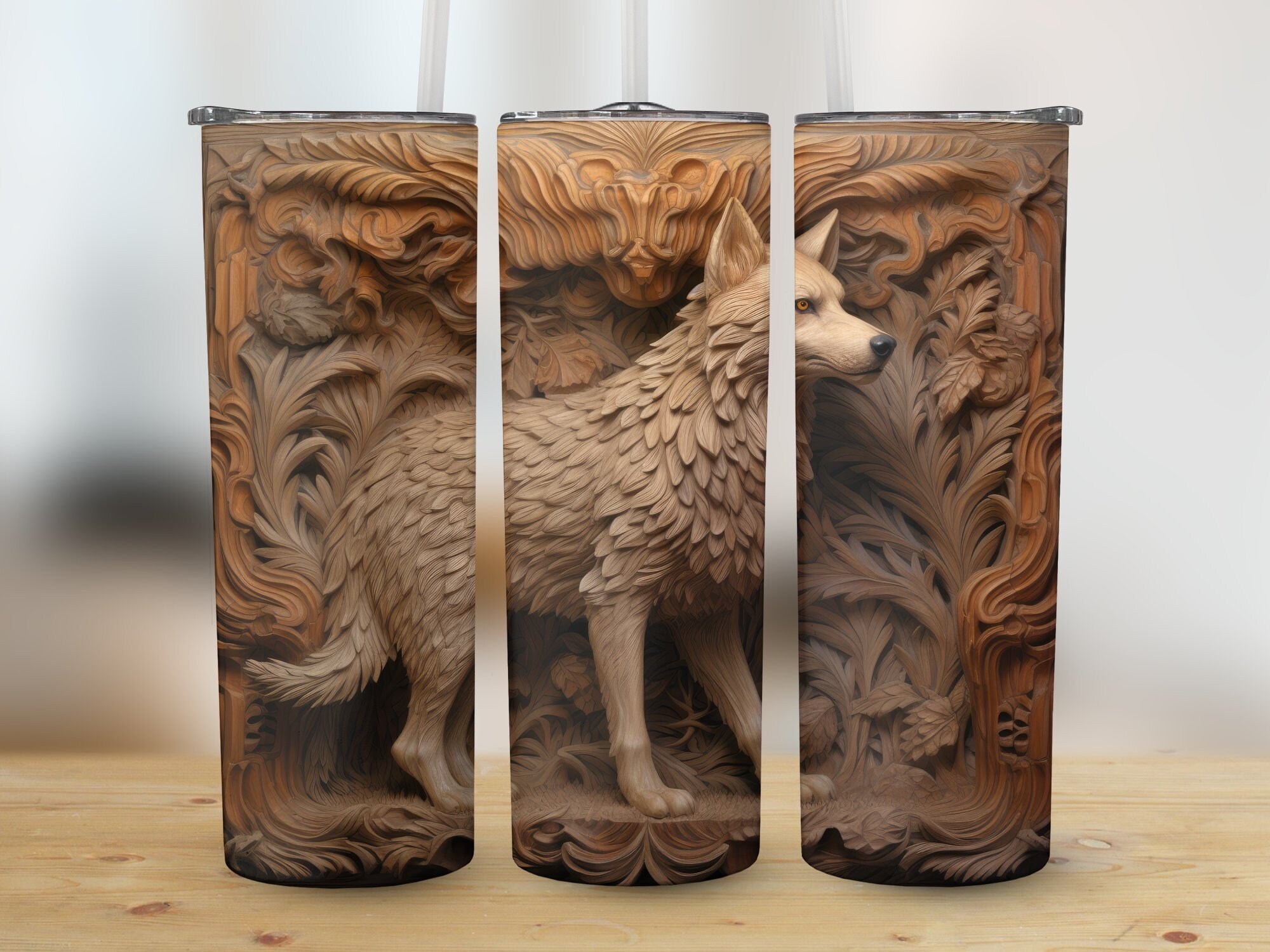 3D Wood Carved Wolf 20 Oz Skinny Tumbler Sublimation Design, Straight ...