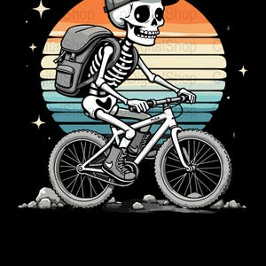 Skeleton Bicycle Rider Retro Sunset Art, Digital Download for Print, Skeleton on Bike Clipart, Halloween Biker Decor, Instant Download