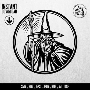 Könnte beinhalten: Schwarz-weißes digitales Design eines Zauberers mit langem Bart, der einen Stab hält und einen hohen Hut trägt, in einem kreisförmigen Rahmen. Text enthält "INSTANT DOWNLOAD" und "PNG DIGITAL DESIGN". Dateiformate: SVG, PNG, EPS, JPEG, PDF, AI, DXF.