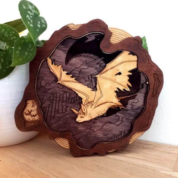Tableau en bois chauve souris personnalisable/ tableau 3D/ esprit animal/ fait main/ curiosité/ cabinet de curiosité/ décoration d'intérieur