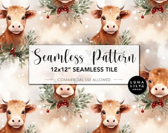 Cute Cow Floral Seamless Pattern Tile, Repeating Pattern, Cow Seamless Digital Pattern, Commercial Use