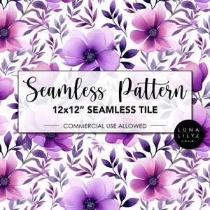 May include: Seamless pattern featuring purple and pink watercolor flowers and leaves on a white background. The text "Seamless Pattern" and "12x12" Seamless Tile" is displayed in a white rectangle. The text "Commercial Use Allowed" is displayed below the rectangle. The text "Luna Lily & Co." is displayed in a circle in the bottom right corner.