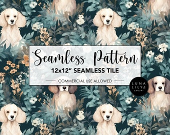 Floral Dog Seamless Pattern Tile, Dog Seamless Pattern, Dog and Flowers, Small Dogs, Repeating Pattern, Commercial Use, Digital Download