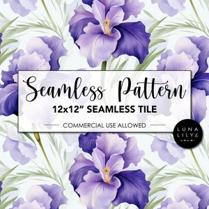 May include: Seamless pattern featuring purple iris flowers with green leaves on a light blue background. The text "Seamless Pattern" and "12x12" Seamless Tile" is displayed in a white rectangle. The text "Commercial Use Allowed" is displayed below the rectangle. The text "Luna Lily & Co." is displayed in a circle below the rectangle.
