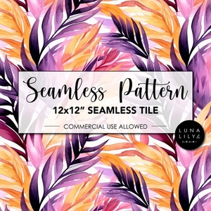 Purple and Yellow Palm Leaves Pattern, Tropical Foliage Seamless Pattern, Watercolor Tropical Pattern, Tropical Leaves, Repeat Pattern