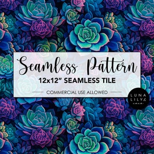 Succulent Seamless Pattern, Digital Paper PNG, Instant Download, Succulent Digital Paper, Dark Background pattern, Commercial Use