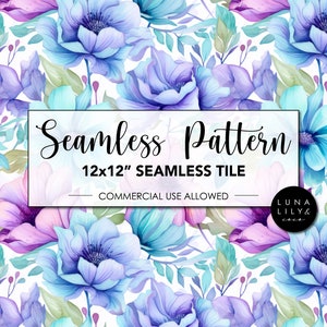 May include: Seamless pattern featuring a watercolor design of blue and purple flowers on a white background. The text "Seamless Pattern" and "12x12" Seamless Tile" is displayed in a white rectangle. The text "Commercial Use Allowed" is displayed below the rectangle. The text "Luna Lily & Co." is displayed in the bottom right corner.