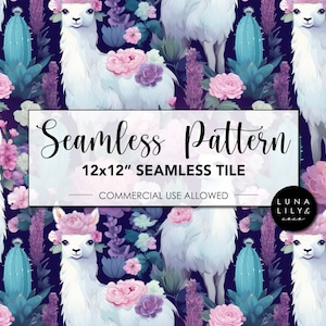 Llama Seamless Pattern Tile, Llama digital paper, Flowers Cactus and Llamas, Floral Llama, Purple Background, Repeat Pattern, Commercial Use