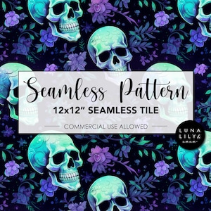 May include: Seamless pattern featuring glowing green and blue skulls with floral accents on a dark background. The text "Seamless Pattern" and "12x12" Seamless Tile" is displayed on a white rectangle. The text "Commercial Use Allowed" is displayed below the rectangle. The text "Luna Lily & Co." is displayed in a circle.