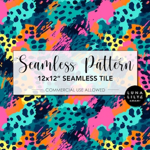 Może przedstawiać: Bezszwowy wzór papieru cyfrowego z kolorowym abstrakcyjnym wzorem w kolorze turkusowym, różowym, żółtym, pomarańczowym i czarnym. Wzór ma rozmiar 12x12 cali i jest przeznaczony do użytku komercyjnego.