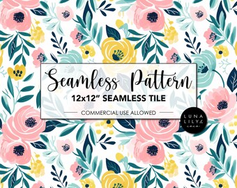 May include: A seamless pattern featuring pink, yellow, and blue flowers on a white background. The pattern is 12x12 inches and is for commercial use. The text "Seamless Pattern" and "12x12" Seamless Tile" is included in the image. The text "Commercial Use Allowed" is also included in the image. The text "Luna Lily & Co." is included in the image.