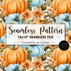 May include: Seamless pattern featuring orange pumpkins and blue pumpkins with orange and brown flowers on a white background. The text "Seamless Pattern" and "12x12" Seamless Tile" is displayed in the center of the image. The text "Commercial Use Allowed" is displayed below the tile size. The text "Luna Lily & Co." is displayed in the bottom right corner of the image.