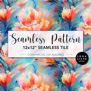 Può includere: Motivo senza cuciture con motivi floreali astratti in tonalità di rosa, arancio, giallo, blu e verde. Il motivo è di 12x12 pollici ed è adatto per uso commerciale. Il testo "Seamless Pattern" e "12x12" Seamless Tile" è visualizzato su un rettangolo bianco. Il testo "Commercial Use Allowed" è visualizzato su una linea bianca. Il testo "Luna Lily & Co." è visualizzato su un cerchio nero.