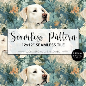 Può includere: Motivo senza cuciture con cani Labrador Retriever bianchi in un design floreale con fiori blu, verdi e bianchi. Il motivo è di 12x12 pollici ed è per uso commerciale.