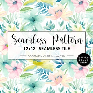 May include: Seamless pattern featuring a floral design with pink, yellow, and blue flowers on a white background. The text "Seamless Pattern" and "12x12" SEAMLESS TILE" is displayed in a white rectangle. The text "COMMERCIAL USE ALLOWED" is displayed in a smaller white rectangle below the larger rectangle. The text "LUNA LILY & CO." is displayed in a circle with a black background.