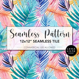 Tropical Foliage Seamless Pattern, Watercolor Tropical Pattern, Colorful leaves, Tropical Leaves, Palm Leaves, Repeat Pattern, Digital Art