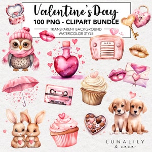 100 Pink Valentine Cliparts, PNG Cliparts Valentine bundle, Watercolor Valentine&#39;s Day clipart, Love Clipart, Cute Animals, Transparent PNG