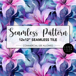 Könnte beinhalten: Nahtloses Muster mit leuchtenden rosa und violetten Lilien auf blauem Hintergrund. Das Muster ist 12x12 Zoll groß und für kommerzielle Zwecke geeignet. Der Text "Seamless Pattern" und "12x12" Seamless Tile" ist auf dem Bild zu sehen. Der Text "Commercial Use Allowed" ist ebenfalls auf dem Bild zu sehen. Der Text "Luna Lily & Co." ist auf dem Bild zu sehen.