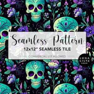 May include: Seamless pattern featuring green and purple sugar skulls with floral details on a black background. The text "Seamless Pattern 12x12" Seamless Tile Commercial Use Allowed" is displayed on a white banner.