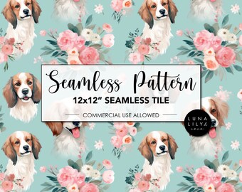 Floral Dog Seamless Pattern Tile, Cute Dog Seamless Pattern, Dog and Flowers Digital Paper, Repeating Pattern, Commercial Use