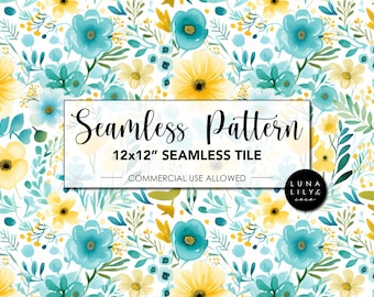 Watercolor Floral Seamless Pattern Tile, Blue and Yellow flowers, Floral Seamless Digital Pattern, Repeating Pattern, Commercial Use