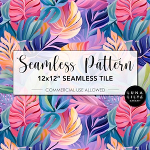 Tropical Foliage Seamless Pattern, Watercolor Tropical Pattern, Colorful leaves, Tropical Leaves, Palm Leaves, Repeat Pattern, Digital Art