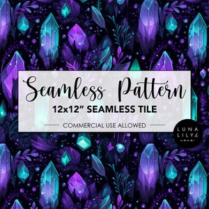 May include: A seamless pattern featuring glowing purple and teal crystals on a black background. The pattern is 12x12 inches and is suitable for commercial use. The text "Seamless Pattern" and "12x12" Seamless Tile" is displayed on a white rectangle in the center of the image. The text "LUNA LILY & co." is displayed in a white circle in the bottom right corner of the image.