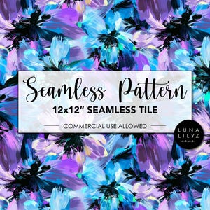 May include: Seamless pattern featuring abstract floral designs in shades of blue, purple, and black. The pattern is 12x12 inches and is suitable for commercial use. The text "Seamless Pattern" and "12x12" Seamless Tile" is displayed on a white rectangle. The text "Commercial Use Allowed" is displayed on a white line. The text "Luna Lily Coco" is displayed on a white circle.
