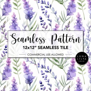Lavender Floral Pattern Seamless Print, Lavender Flowers, Floral Seamless Pattern, Watercolor Flowers, Repeat Pattern, Commercial Use
