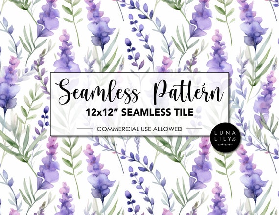 Lavender Floral Pattern Seamless Print, Lavender Flowers, Floral Seamless Pattern, Watercolor Flowers, Repeat Pattern, Commercial Use